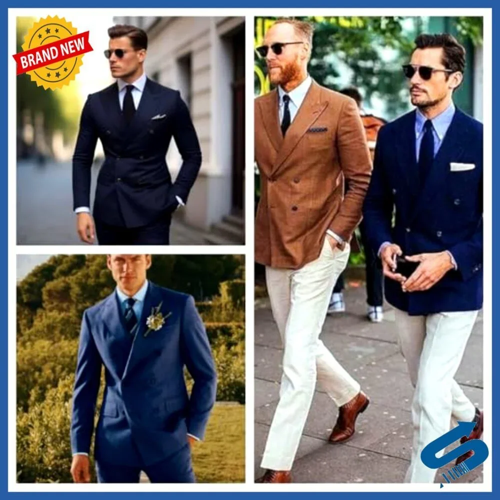 Men's Slim Fit Double Breasted Suit Blazer Pants Set Wedding Prom